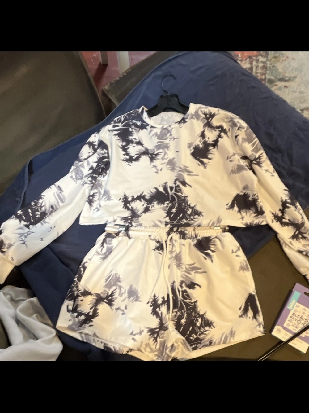 SHEIN White and Navy Tie-Dye Lounge Set